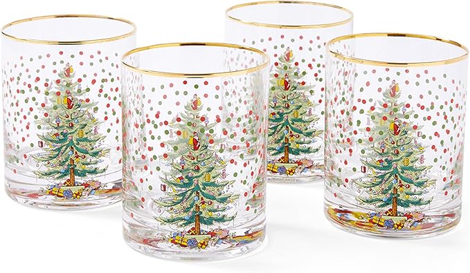 Spode Christmas Tree 14 Fl. Oz. Double Old Fashion Glass (Set of 4), Polka Dot - Whiskey & Bourbon Glasses for Festive Entertaining, Old-Fashioned & Rocks Glasses for Holiday Drinks