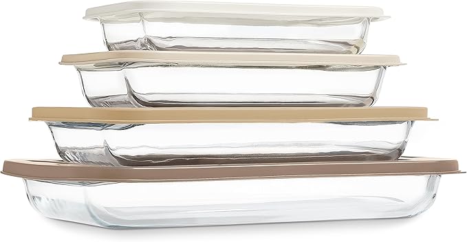 COOK WITH COLOR 8 PC. Glass Baking Dish Set with Lids - Deep Casserole Dish, Glass Food Container, Oven, Freezer and Microwave Safe, Clear Container, Brown