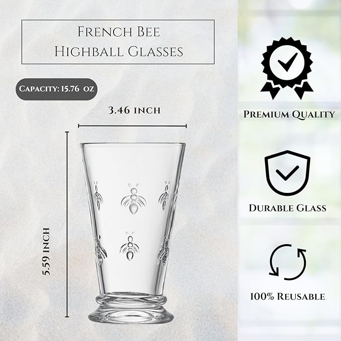 French Bee Highball Glasses | Set Of 6 | Clear Drinking Glass 13 OZ, Old Fashioned Glasses with Bees Embossed Design, Fine Crystal French Glassware, Drinking Glasses, Heavy Water & Juice Glasses Gift