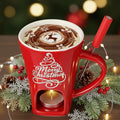Honeydak Christmas Chocolate Fondue Mug with Fork and 3 Candle Sweet Ceramic Personal Chocolate Melting Cup Ideal Xmas Gifts Birthday Date Night Birthday Wedding Gifts(Red,Classic)
