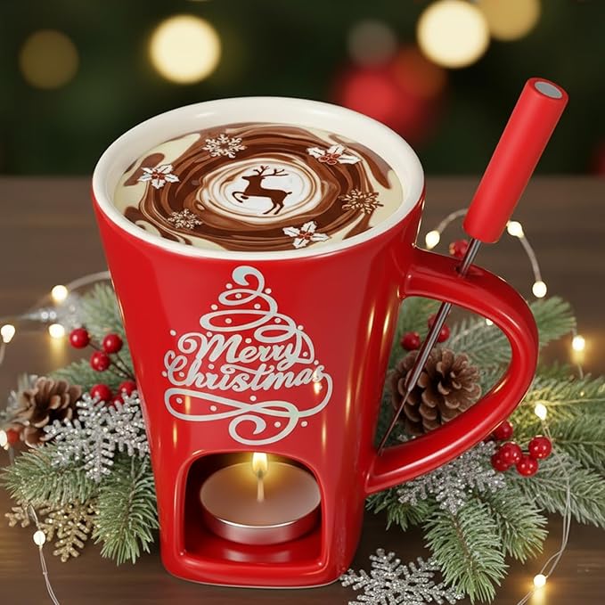 Honeydak Christmas Chocolate Fondue Mug with Fork and 3 Candle Sweet Ceramic Personal Chocolate Melting Cup Ideal Xmas Gifts Birthday Date Night Birthday Wedding Gifts(Red,Classic)
