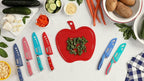 My First Chef's Knife for Kids - NEW! CARNATION/TEAL - w/Protective Safety Sheath - German Stainless Steel - Curved Finger Shield/Childrens Cooking Baking