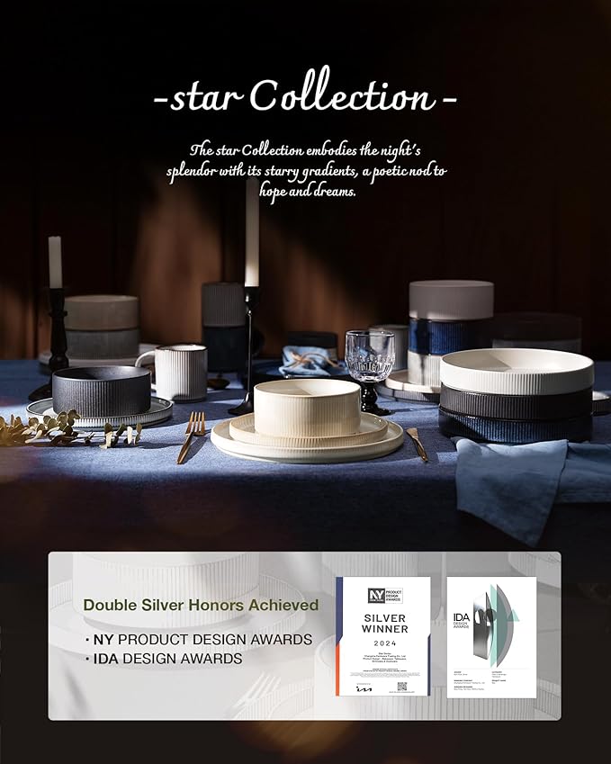 Famiware Star 24-Piece Stoneware Dinnerware Sets with Trim, Service for 8 - Ceramic Plates and Bowls Set, Ribbed Dishes with High Edge, Chip & Scratch Resistant, Microwave & Dishwasher Safe, White