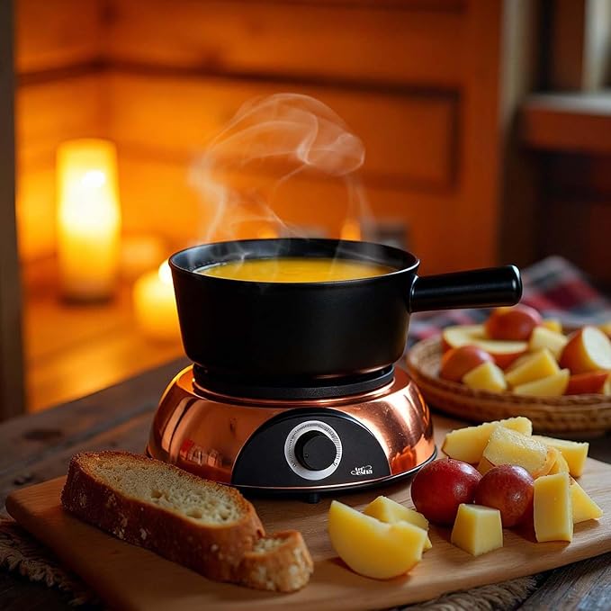Artestia Swiss Design 2-QT Electric Fondue Pot for Meat, 1500W Ceramic Chocolate Melting Pot with Adjustable Temperature, 6 Fondue Forks, White Ceramic Pot with Rose-Gold Base (Black)