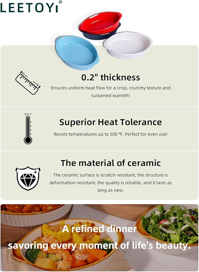 LEETOYI Porcelain Small Oval Au Gratin Pans,Set of 4 Baking Dish Set for 1 or 2 person servings, Bakeware with Double Handle for Kitchen and Home, Turquoise