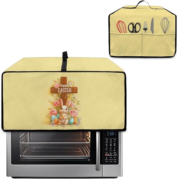 Easter Egg Bunny Cross Print Toaster Oven Cover for Kitchen Countertop Decor, Easter Kitchen Small Appliance Dust Cover Microwave Oven Protector, Yellow, (Small-14.5*18.46*9 inches)