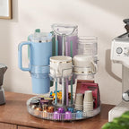 Rotating Coffee Bar Accessories Organizer, 2-Tier Lazy Susan Cup Holder for Stanley 40oz Tumbler with Handle, Countertop Drying Rack Station with Divided Tray for K-Cups, Snacks & Mugs