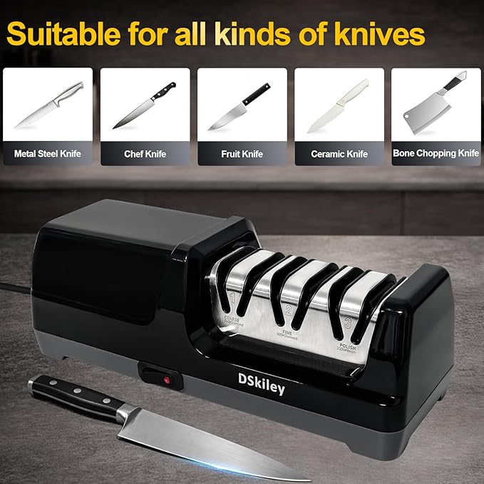 Electric Knife Sharpener for Kitchen – Professional 3-Stage 100% Diamond System with 20° Precision Angle, Fast Sharpening to Restore & Polish Chef Knives (Silver)
