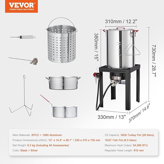VEVOR Turkey Deep Fryer, 30-qt Turkey & 10-qt Outdoor Aluminum Seafood Boiling Kit, Fish Steamer Cooker Set, 54,000 BTU Burner Propane Gas Boiler, Gifts for Thanksgiving Day