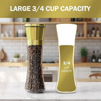 HOME EC Original Stainless Steel Salt or Pepper Grinder 1pk - Adjustable Ceramic Sea Salt Grinder or Pepper Mill - Tall Glass Spice Shaker - Spice Mill w/Ebook (Gold)