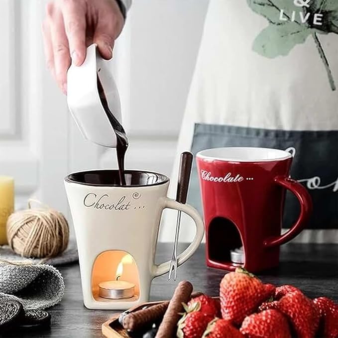 Chocolate Fondue Mug with Fork, Chocolate Fondue Cup, Personal Chocolate Melting Cup for Cheese, Ceramic Chocolate Melting Cup, Chocolate Melting Mug For Date Night Birthday Wedding Gifts (White)