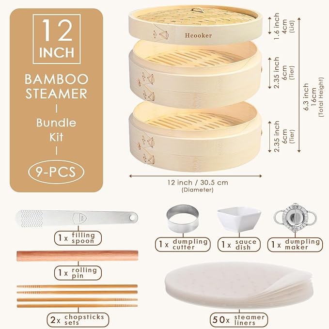Bamboo Steamer Basket Set, 12-Inch 2-Tier Steamer for Cooking, Chopsticks Liners Sauce Dish Dumpling Making Tools, Steaming Asian Food, Bao Buns, Meat, Dim Sum, Rice, Vegetable Steam Pot