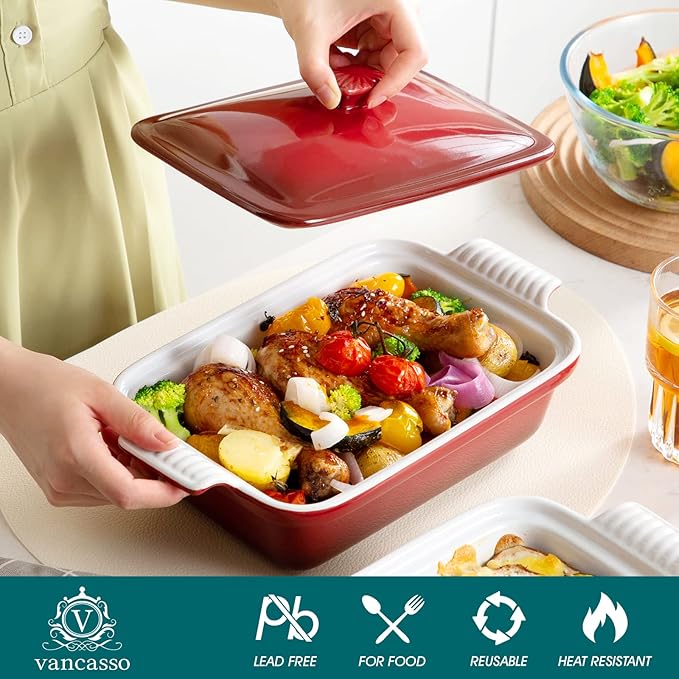 vancasso Blossom Casserole Dish With Lid, 1.9 Quart Casserole Dish for Oven, 12x7 Baking Pan with Handles, Casserole Baking Dish Lasagna Pan with Lid, Microwave, Dishwasher Safe, Red