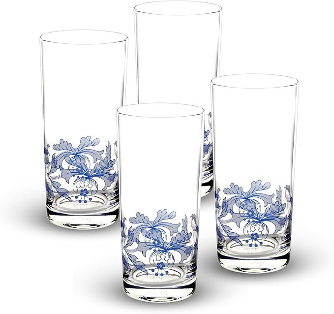 Spode Blue Italian Highball Glasses | Set of 4 | 15 Ounce Capacity | Tall Glasses for Drinking Cocktails, Mojito, Scotch, Water, and Juice | Handwash Only