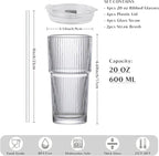 INSETLAN 20 oz Ribbed Glass Tumblers with Lids and Glass Straws – 4-Piece Glassware Set, Thickened Wall, Ideal for Iced Coffee, Smoothies, Cocktails, and Juices – Elegant and Durable Drinkware