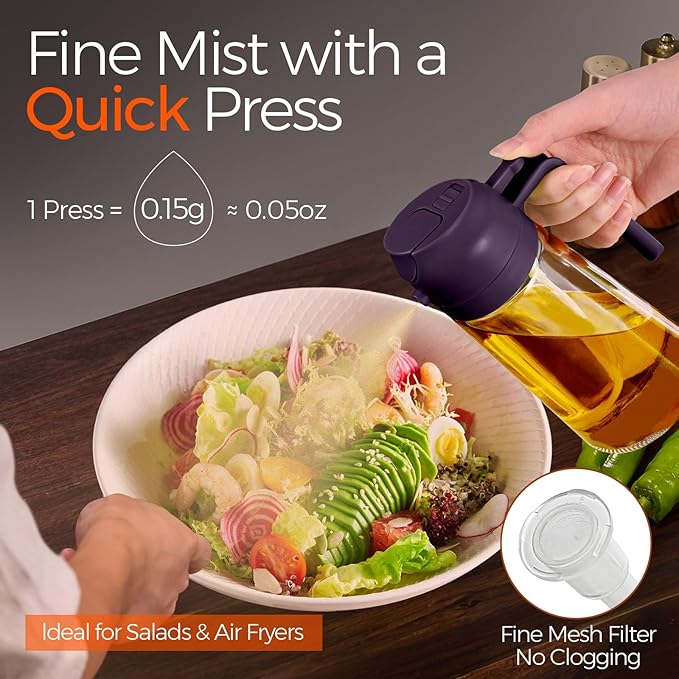 YARRAMATE 16oz/470ml Glass Olive Oil Sprayer for Cooking with Stickers, 2 in 1 Oil Dispenser for Kitchen Gadgets, Food Grade Premium Spray Bottle with Portion Control for Salad, BBQ (Purple)