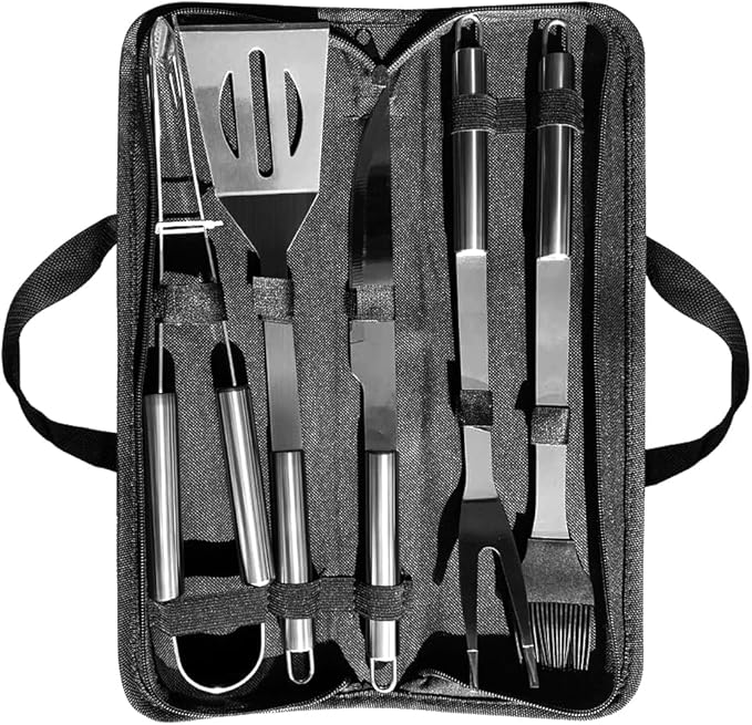 PTAPIPI 5-Piece Stainless Steel Grill Tool Set with Carry Bag – BBQ Utensils for Him, Young Men, Camping & Tailgating, Budget-Friendly Barbeque Gift
