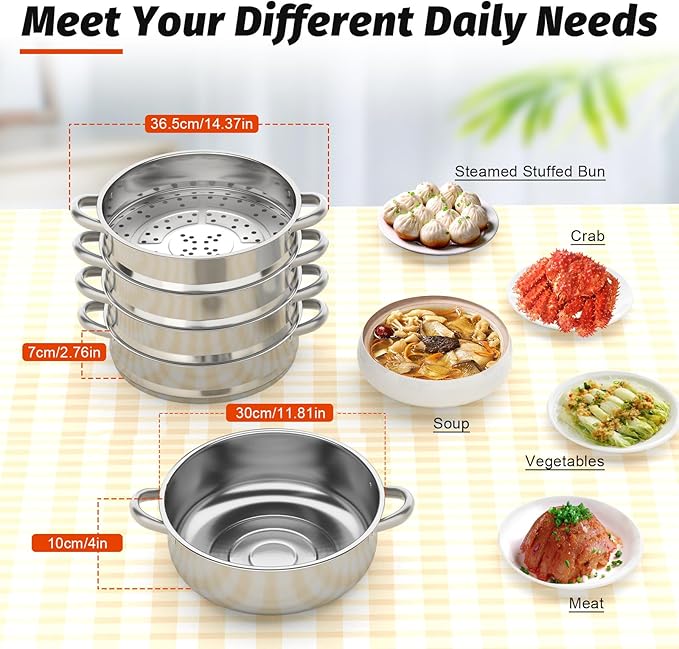 5-Tier Stainless Steel Steamer, 11.81 Inch Commercial Multi Tier Stainless Steel Cookware Pot Vegetable Meat Steamer Cooker Set w/Glass Lid for Steaming Shrimp & Miscellaneous Grains