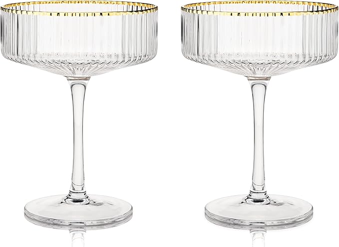 Viski Meridian Vintage Coupe Glasses, Art Deco Champagne Coupe Glassware, Gold Rimmed Stemmed Drinkware Set of 2, 11.5 oz