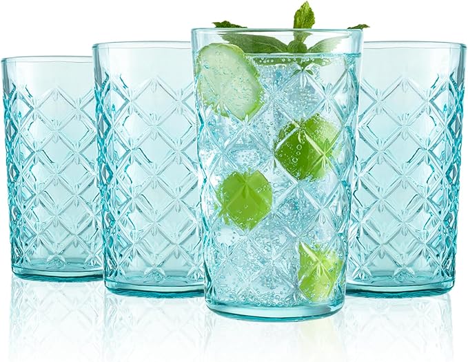 CREATIVELAND Drinking Highball Glasses Set of 4, Vintage Cross Hatch Glass Cups, 15.5oz Tall Drinking Water Glasses, Dishwasher Safe Blue Glass Tumbler Glassware for Water, Juice, Cocktail, Coffee