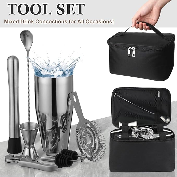 9 Pcs Travel Bartender Kit Cocktail Shaker Set with Bag 25oz Martini Shaker Kit, Ice Crusher, Wine Opener, Strainer, Spoon, Jigger, Pourer, Portable Bar Gift for Home Rv Summer Party Outdoor