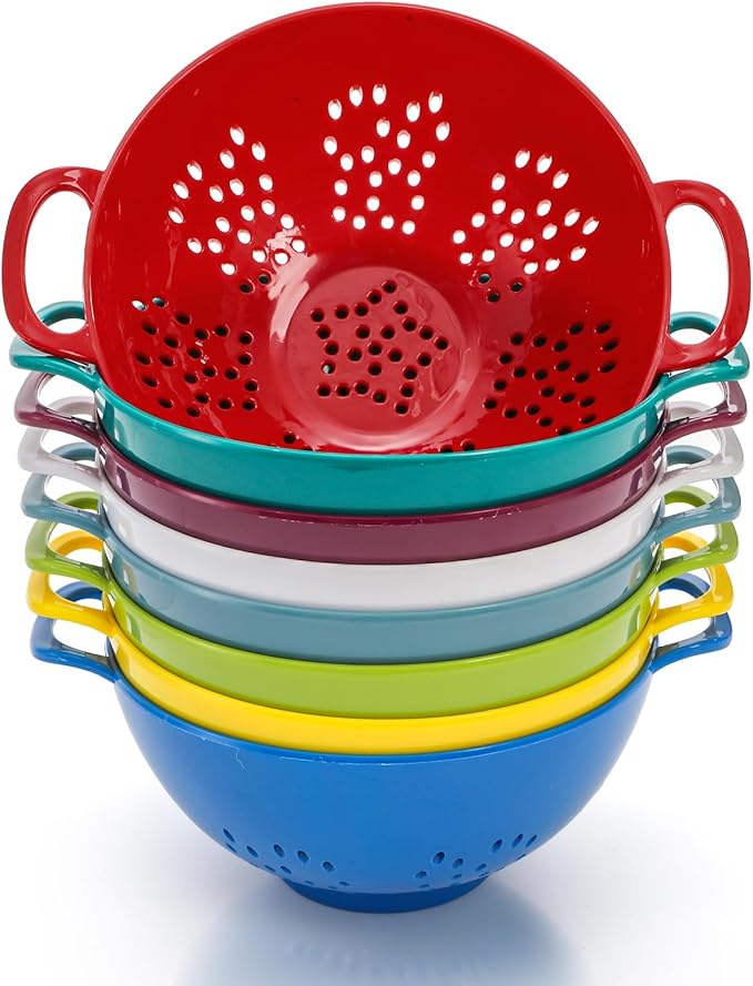 Noamus 8 Pack Mini Colander for Kitchen, 6 Inch Plastic Berry Bowl with Double Handles, Small Compact Food Strainers, Perforated Round Fruits Basket for Vegetables Pasta, BPA-Free, Food-Safe(8 Colors)