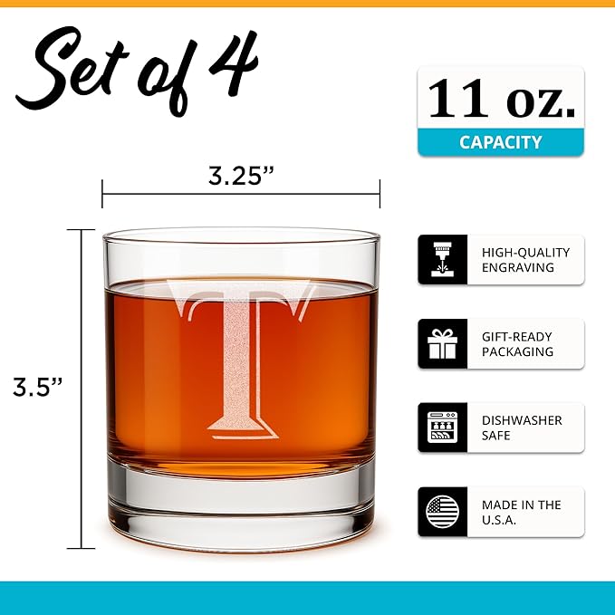 On The Rox (T-Monogram)- 4 Piece Set of 11 Ounce Engraved Heavy Base Rocks Glasses Elegant Glass-Multi-Purpose Beverage-Rocks Glass- Gift for any Occasion