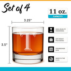 On The Rox (T-Monogram)- 4 Piece Set of 11 Ounce Engraved Heavy Base Rocks Glasses Elegant Glass-Multi-Purpose Beverage-Rocks Glass- Gift for any Occasion