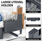 Urackify Expandable Dish Drying Rack, Stainless Steel Dish Rack with Aluminum Frame, Dish Drainer for Kitchen Counter, Space Saving Kitchen Drying Rack with Movable Utensil Holder, Gray