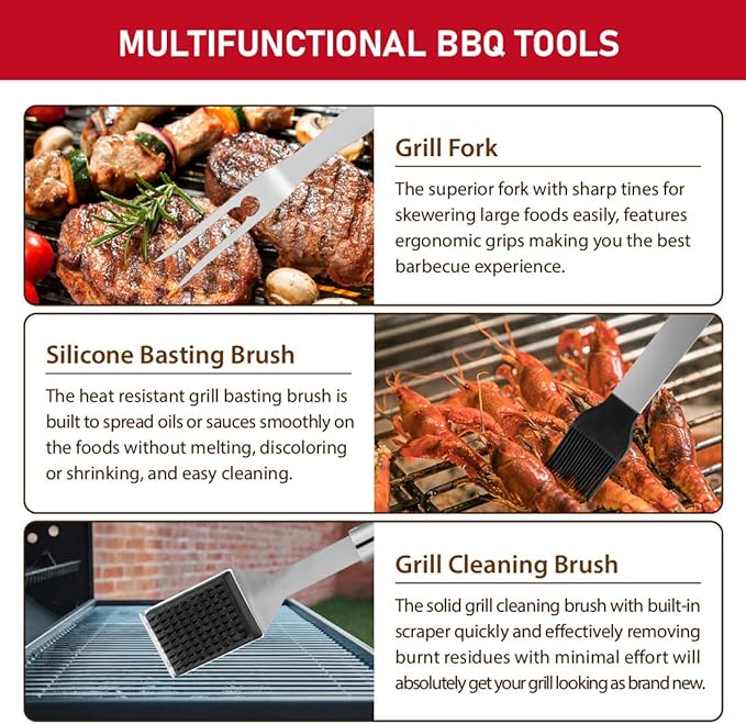 HUSSAR 34PCS BBQ Grill Tools Set Stainless Steel Grilling Accessories with Spatula, Tongs, Skewers for Barbecue, Camping, Kitchen, Complete Premium Grill Utensils Set in Storage Bag, Silver, (BTS-34)