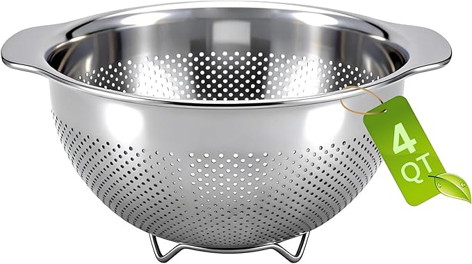 18/8 Stainless Steel Strainer and Colander for Kitchen, Fine Mesh Strainer with Handle, Food Strainers and Colanders for Spaghetti, Vegetables, Fruits, Eggs, Rice, Noodles and Pasta (4QT)