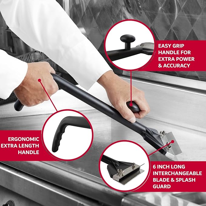 Chef Master Griddle Scraper Cleaning Kit Combo - Flat Top Grill Cleaner w/Replacement Blade & Scrubber - Griddle Cleaning Kit - Long Handle, Stainless Steel Flat Grill Scraper - 90254