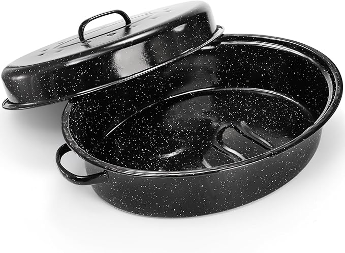 TOPZEA Granite Roasting Pan with Lid, 18" x 12.5" Turkey Roaster Pan Enameled on Steel Nonstick, Covered Oval Roaster Pot Oven Broiler Pan Cookware for Turkey, Chicken, Ham Meat Roast, Dishwasher Safe