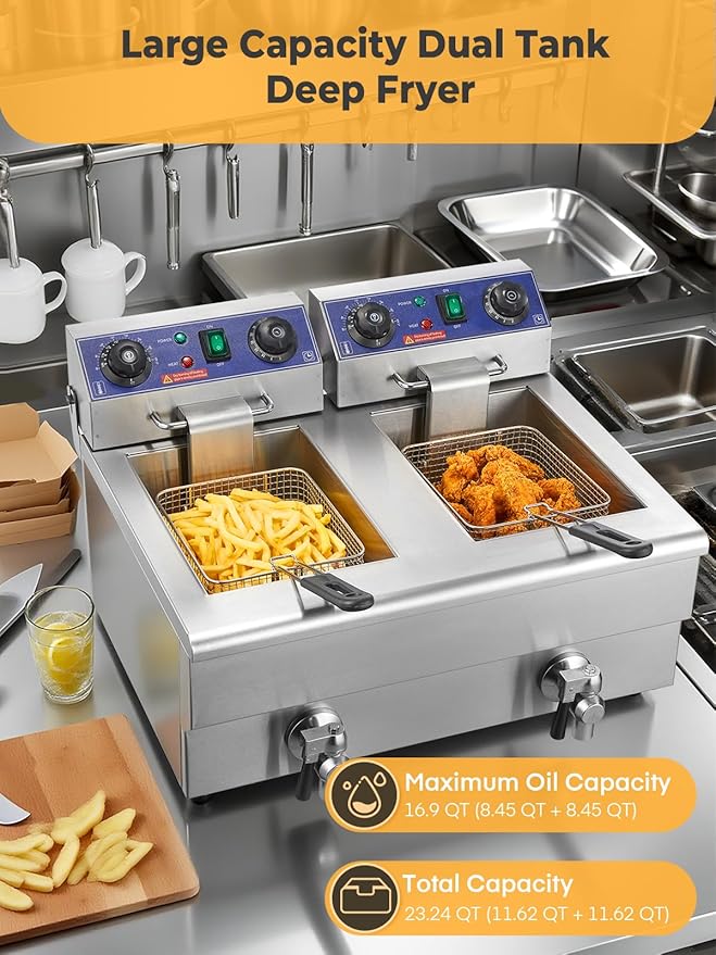 FOHERE Commercial Deep Fryer with Basket and Lid, 23.3Qt/22L Electric Deep Fryer with Oil Filtration, Time & Temp Control, 3000W Stainless Steel Deep Fryer Countertop for Kitchen Restaurant
