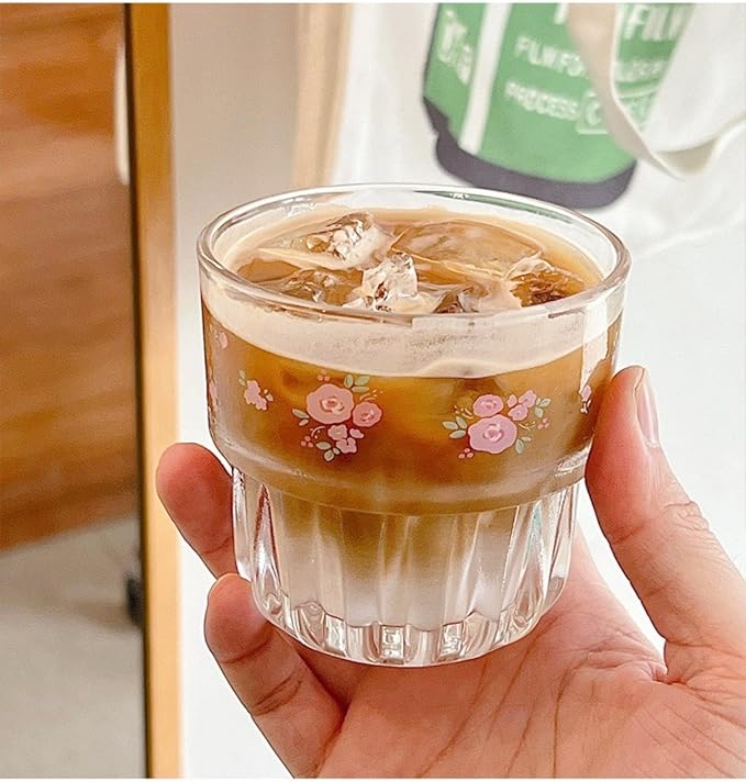 Set of 2 Floral Glass Coffee Cup Cute Drinking Glasses Stackable Floral Glass Cups for Juice,Iced Coffee,Milk,Tea,Dessert,Flower Teacups Glassware Drinkware Set (pink)