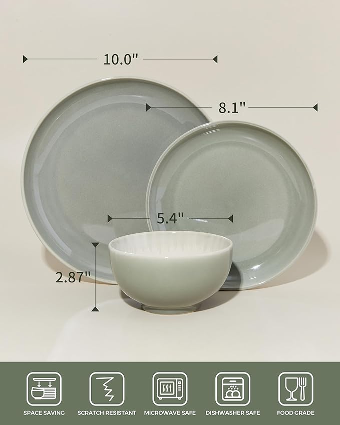 Pokini Stoneware Dinnerware Sets for 6, Microwave Safe Plate and Bowl Set, Easy to Clean & Durable Dishes Sets for Small to Medium Families, Gray Green