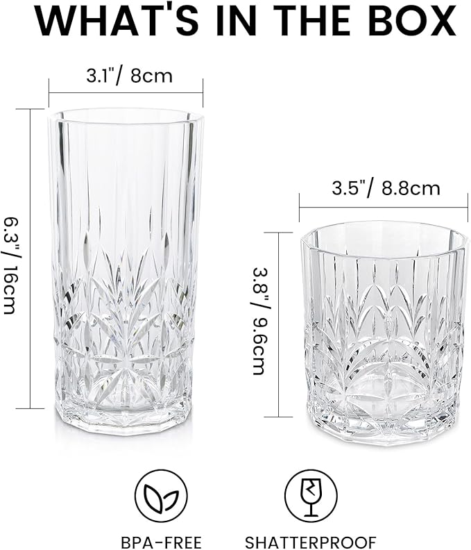BELLAFORTE Shatterproof Tritan Plastic Drinking Glasses. 13oz & 18oz Water Glasses Set of 4 - Myrtle Beach Glasses Drinking - Unbreakable Tumblers for Parties - BPA Free, Dishwasher Safe (Clear)