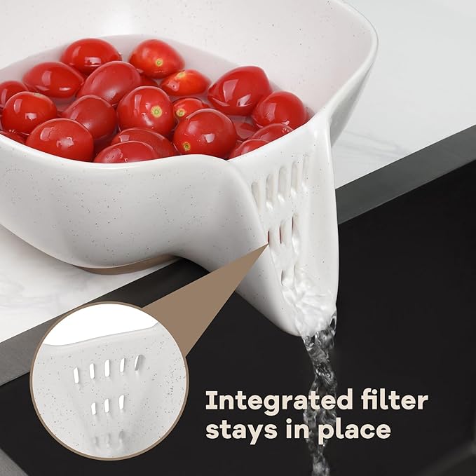 NiHome Ceramic Food Strainer with Integrated Drain Spout, Large Capacity Colander for Vegetables, Fruits, Pasta & More, Heat-Resistant, Crack-Proof, Easy to Clean, Dishwasher-Safe (Speckled White)