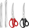 304 Stainless Steel Kitchen Shears, Korean BBQ Scissors and Tongs Set,9.45 inch (Black+red) Scissors +(9.45+11) inch Tongs 4 in 1 Set
