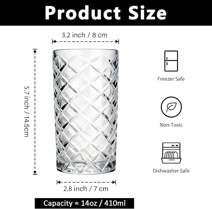 Crystal Highball Glasses Set Of 6-14 Ounce Diamond Cut Tom Collins Glasses - Textured Designer Glassware For Whiskey,Drinks, Water, Beer, Soda