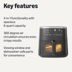 Amazon Basics 6-Quart Air Fryer with Easy View Window, 8 Preset Menus, 1550W, Black