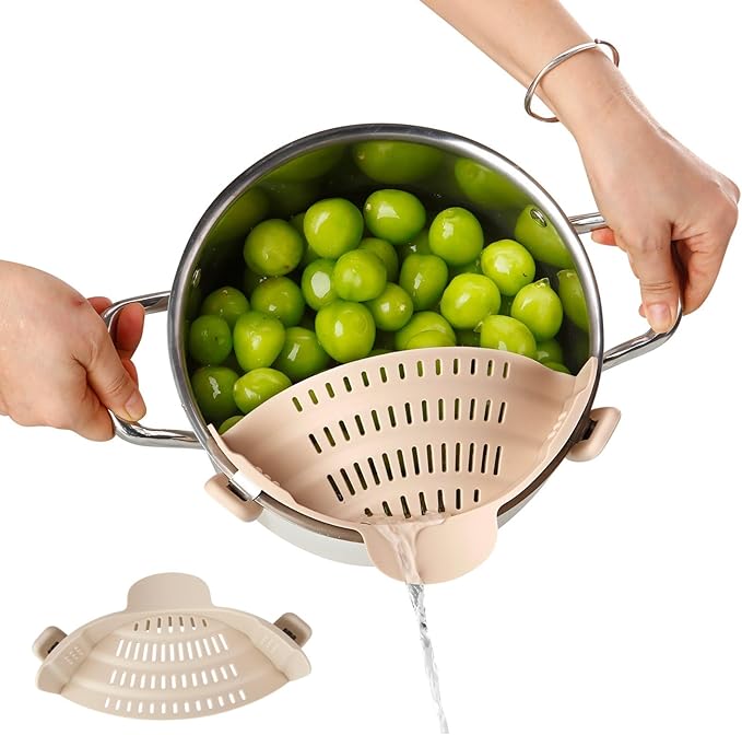 Silicone Pot Strainer, Emptycolor Adjustable Clip On Strainer for Pots Pans, Heat Resistant Pot Drainer, Kitchen Pasta Colander for Vegetables and Noodles (Light Tan)