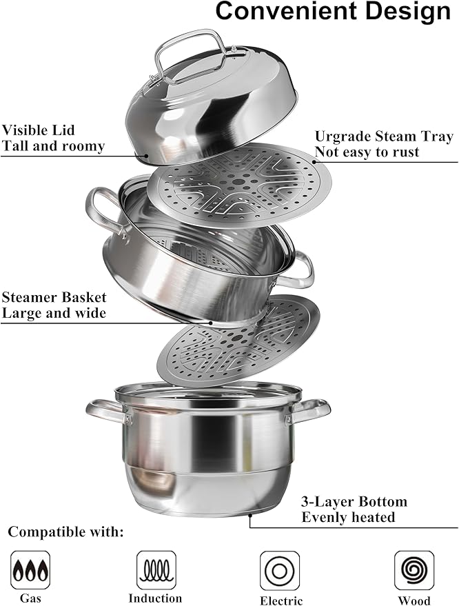 VENTION 3 tier Steamer Pot Stainless Steel Large 32cm, Induction Steamer for Cooking, 12.7 Inch Steam Pot for Dumpling