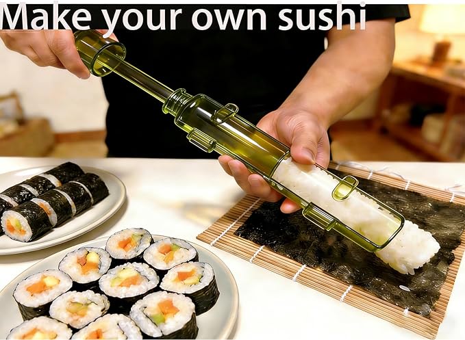 Sushi Making Kit – Clear Sushi Bazooka Roller & Bamboo Sushi Rolling Mat, Easy DIY Sushi Maker Tool Set for Beginners, Homemade Sushi Rolls for Kitchen & Party (Clear Green)