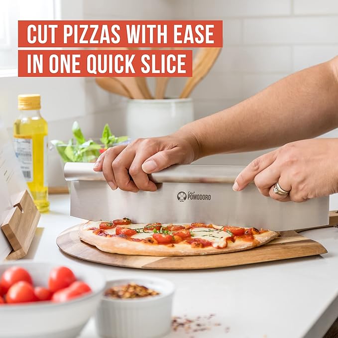 Chef Pomodoro Aluminum Metal Pizza Peel with Foldable Wood Handle for Easy Storage, Pizza Spatula, Gourmet Luxury Pizza Paddle for Baking Homemade Pizza Bread (12 x 14 inch + 14 inch Cutter)