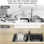 MAJALiS Expandable Stainless Steel Over The Sink Dish Drying Rack for Small Kitchen Counter Space Saving, Compact RV Plate Drainer Strainer in Silver Wire Metal with Hanging Adjustable Utensil Holder