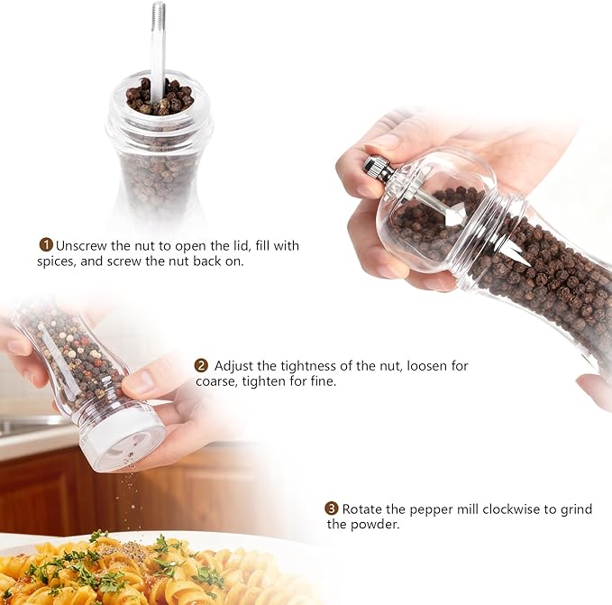LHS Pepper Mill Grinder Set, 2Pcs Salt Grinder Peppercorn Grinders with Adjustable Coarseness-Clear