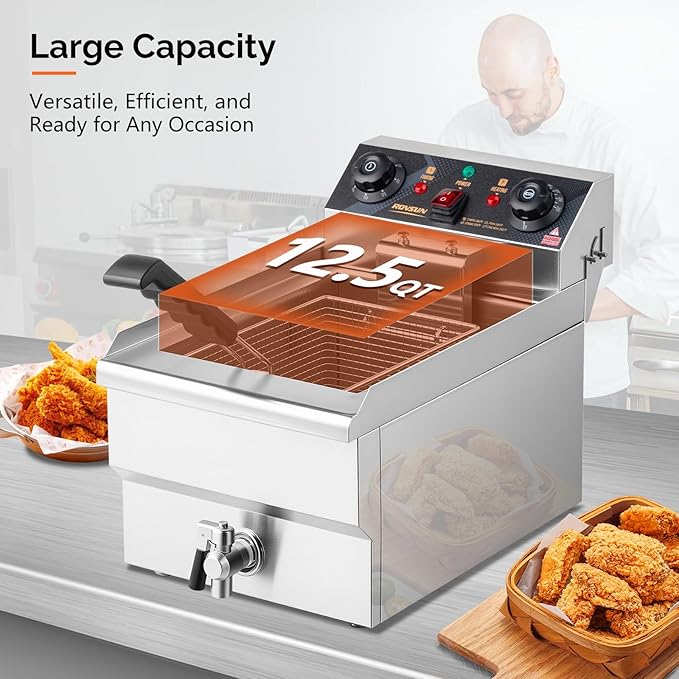 ROVSUN 12.5QT Electric Deep Fryer, 1700W Commercial Deep Fryer with Basket, Drain, 60-Min Timer, Overheat Protection, Temp Control & Baskets, Stainless Steel Countertop Fryer for Restaurant