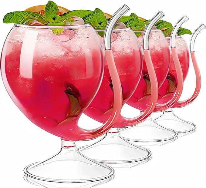 Tlence 4 Pack Straw Wine Glass, 12 OZ Sipping Wine Glasses with Built-in Straw, Creative Tube Cocktail Goblets, Clear Funny Decanter Cups for Juice Ice Cream Champagne Party Glassware Barware