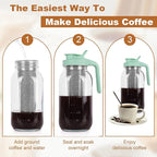 Cold Brew Coffee Maker，64 oz Wide Mouth Mason Jar Pitcher with Stainless Steel Filter, Pour Spout Handle Lid, Heavy Duty Glass Airtight & Leak-Proof for Iced Coffee Tea & Lemonade-Green